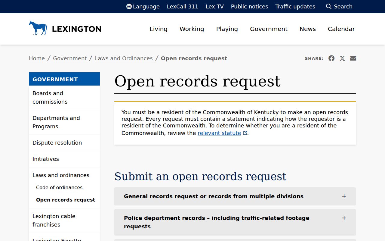 Lexington residents directory open records request routes