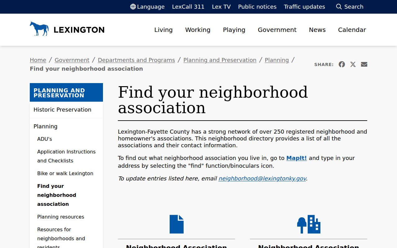 Lexington neighborhood association directory for civic block contacts