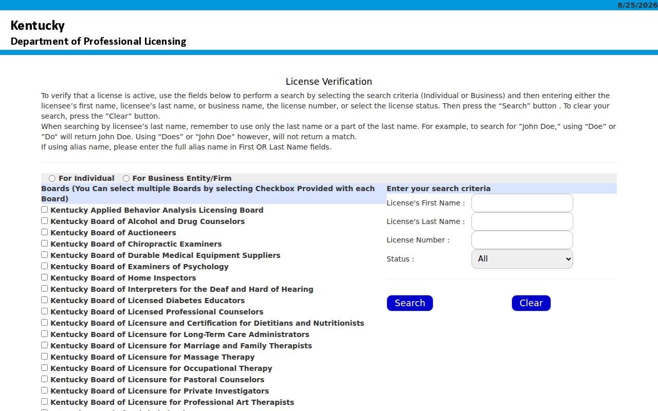 Lexington resident lookup with Kentucky professional license fields